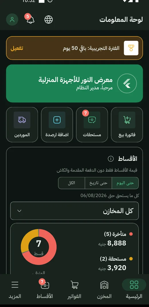 لوحة معلومات معاملات: الأقساط المتأخّرة والمستحقّة برسمٍ دائريّ، واختصارات فاتورة بيع وإضافة أرصدة
